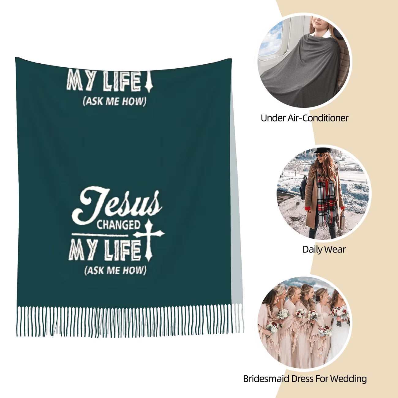 UNISEX Autumn & Winter Tassel Scarf – Vintage Knit with “Changed My Life” Christian Quote