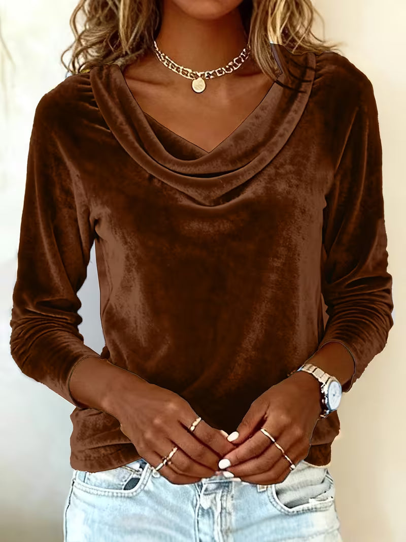 Solid Color Velvet Long Sleeve Tee – Scoop Neck, Soft & Versatile