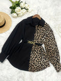 Women’s Elegant Patchwork Leopard Print Shirt – Faux Metallic Belt Detail