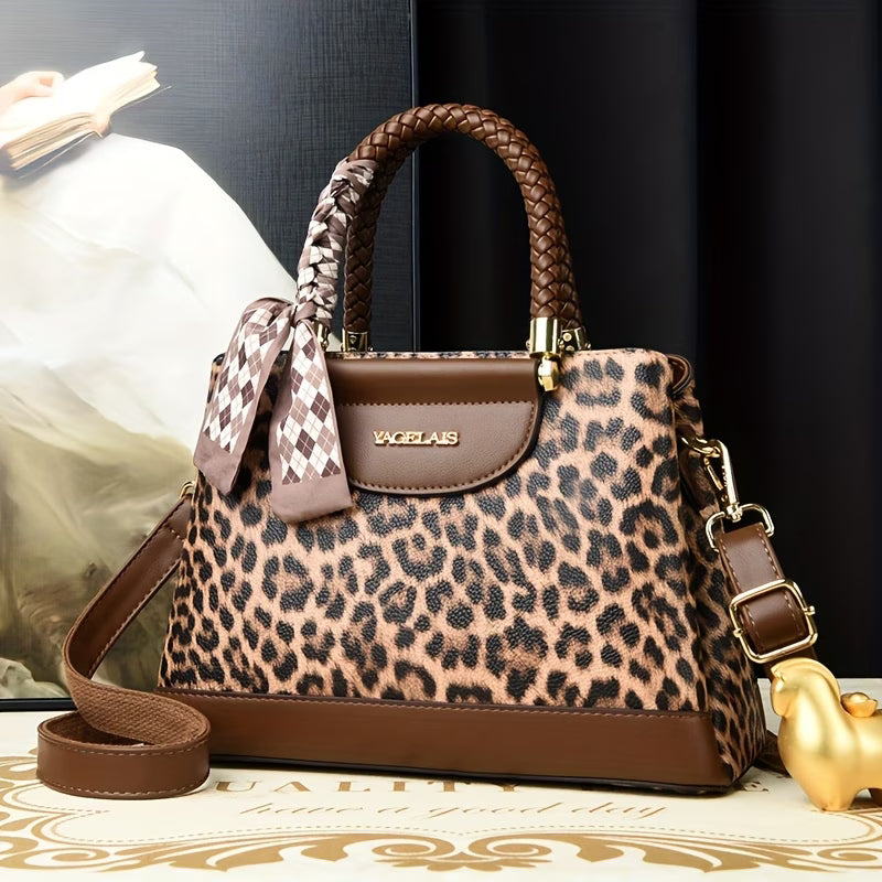 Women’s Vintage Leopard Print Handbag – Large Capacity Tote with Adjustable Strap & Zipper Closure