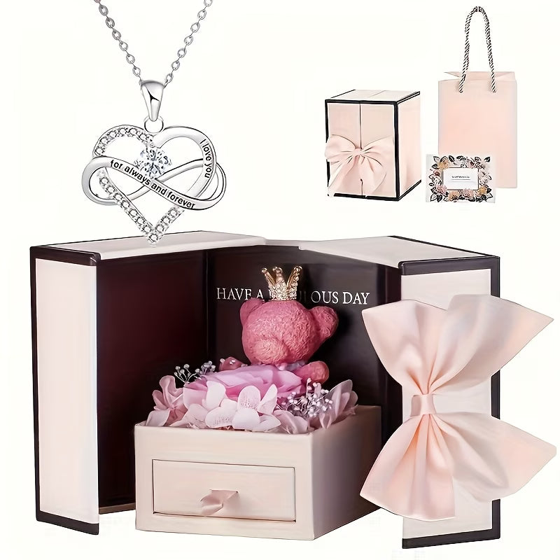 Heart-Shaped Infinity Pendant Necklace & Bear Rose Gift Box Set