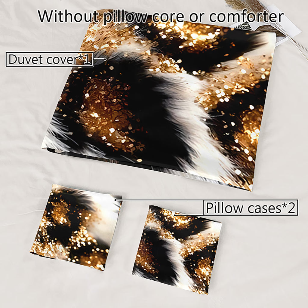 3pcs Fluffy Faux Fur Leopard Bedding Set – Duvet Cover, Quilt Cover & Pillowcases (Black & Gold)