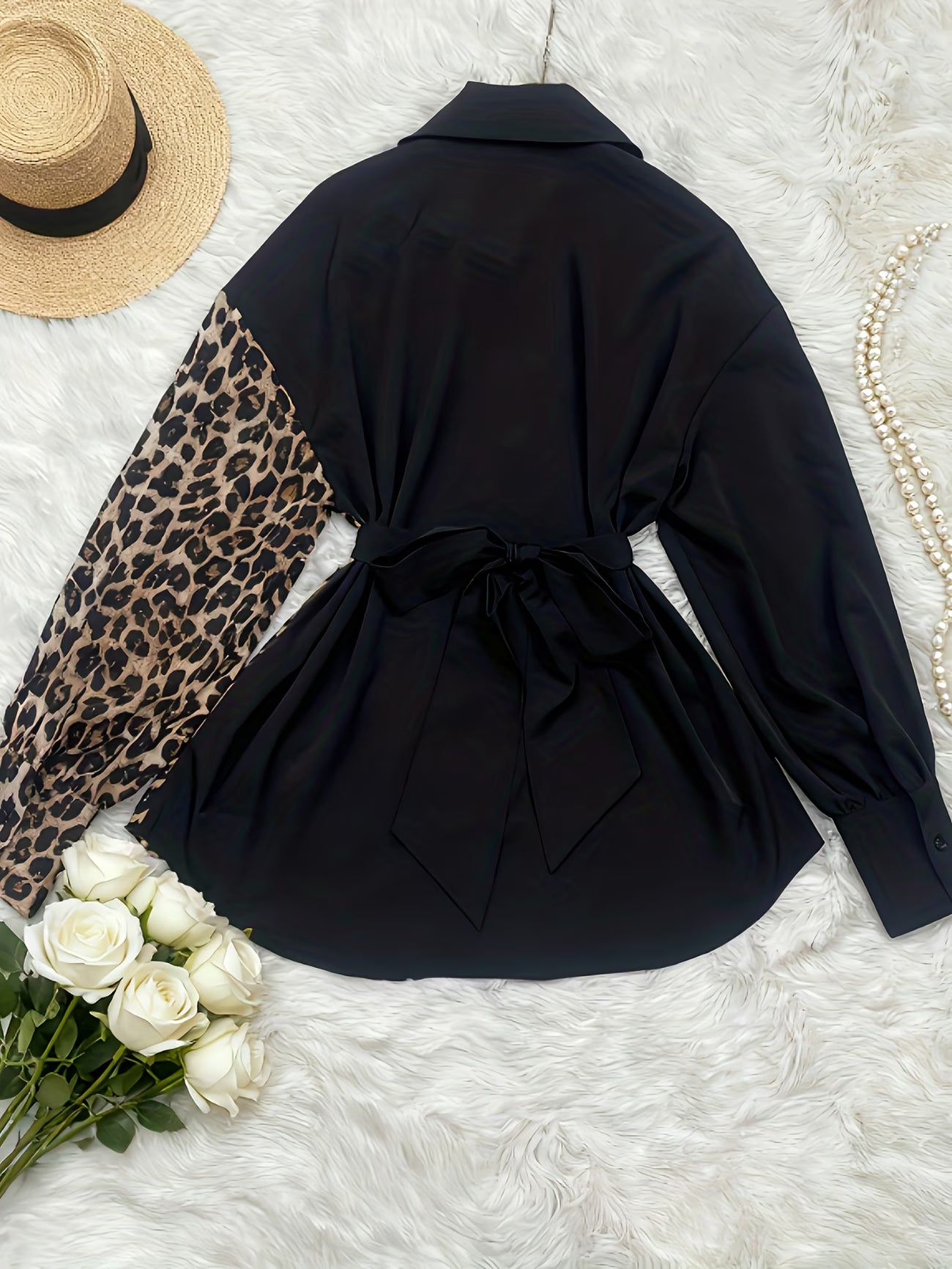 Women’s Elegant Patchwork Leopard Print Shirt – Faux Metallic Belt Detail