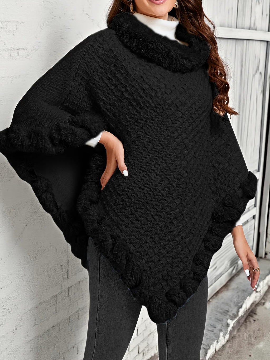 Elegant Special Edition “Pure Body Bust” Women’s Waffle Shawl Pullover – Faux Fur Collar, Solid Color