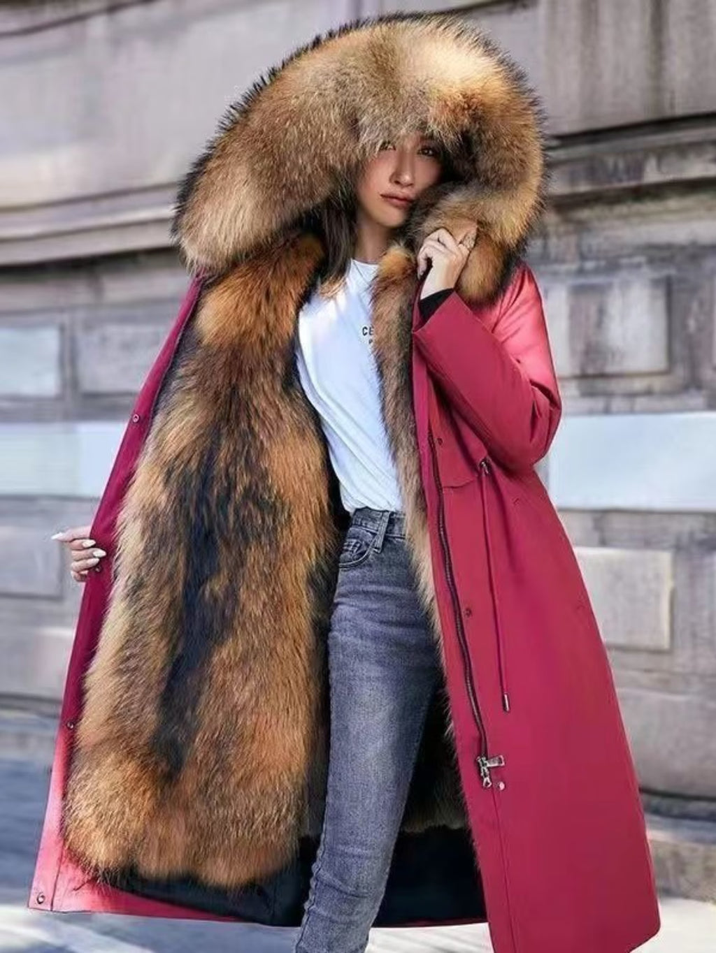 Women’s Winter Parka Jacket – Thickened Padded Coat with Faux Fox & Raccoon Fur