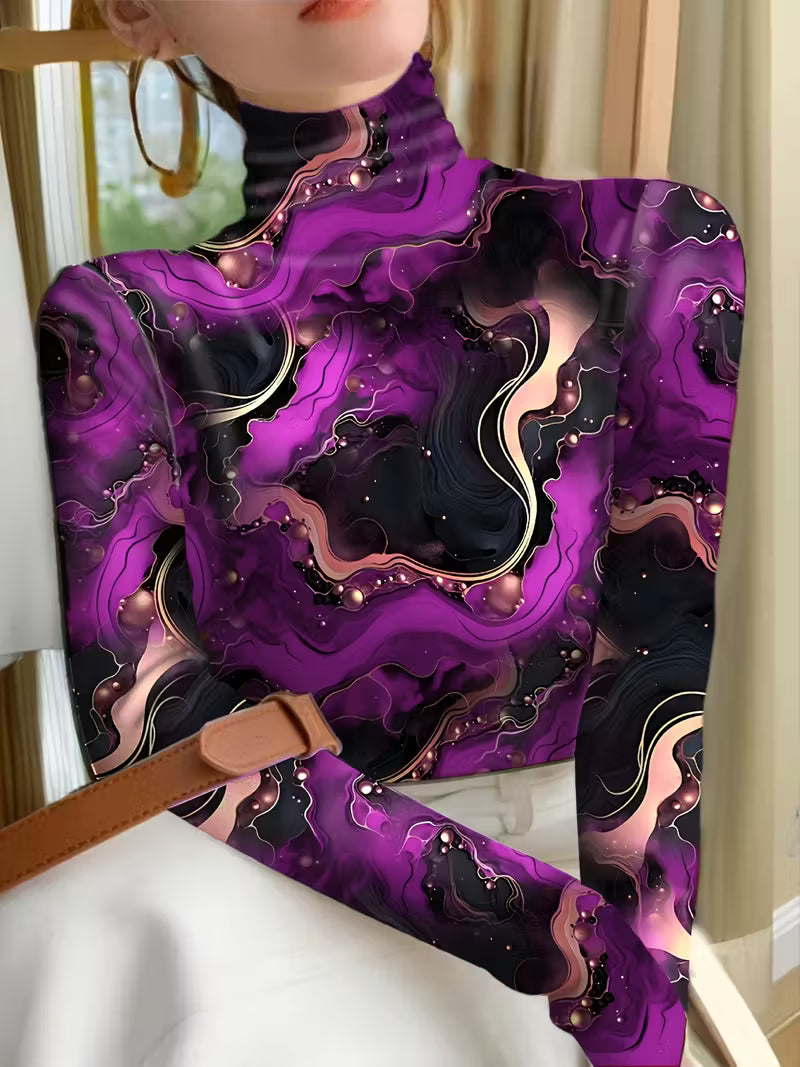 Plus Size High-Neck Printed Long Sleeve T-Shirt – Autumn & Winter