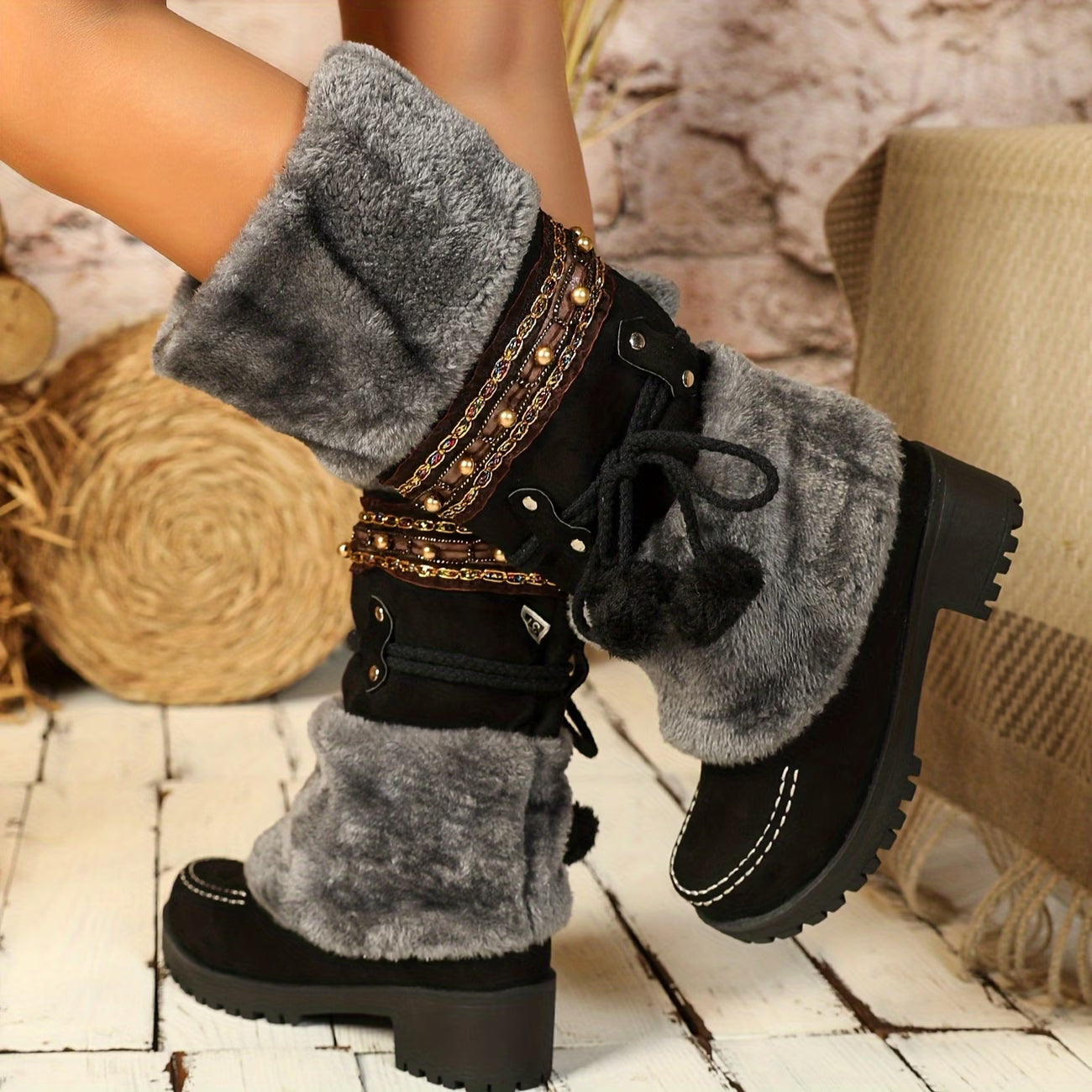 Women’s Mid-Calf High Heel Boots – Autumn/Winter Faux Fur Lined Ethnic Cowboy Style