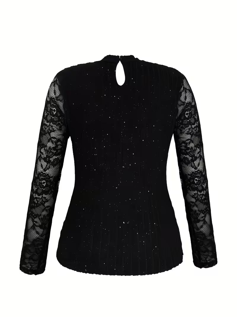 Plus Size Elegant Long-Sleeve Lace Patchwork T-Shirt