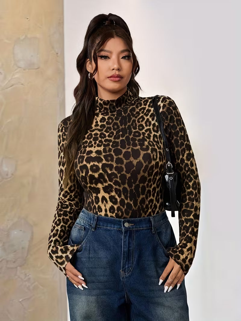 Plus Size Leopard Print Bodysuit – High Neck, Flattering Fit (0XL–5XL)