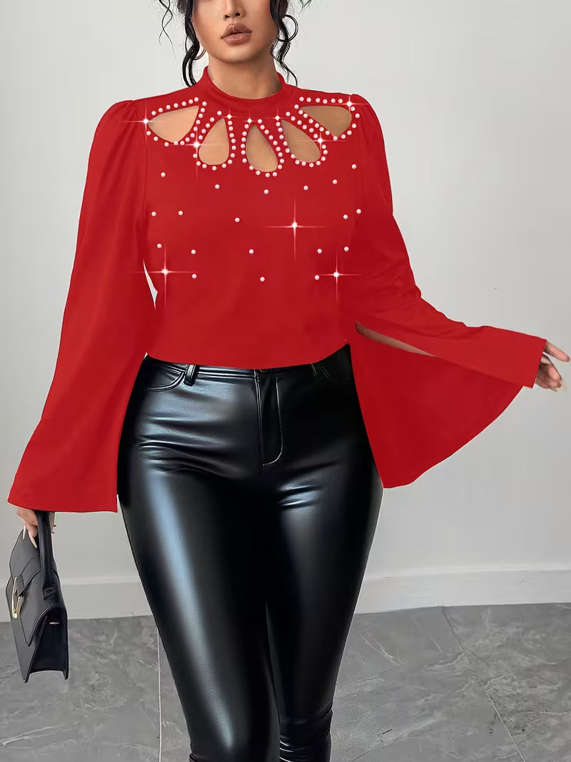 Plus Size Beaded Hollow-Out Flared Sleeve Commuter Shirt