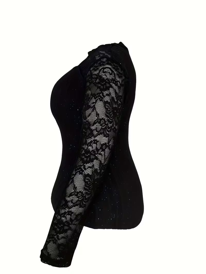 Plus Size Elegant Long-Sleeve Lace Patchwork T-Shirt