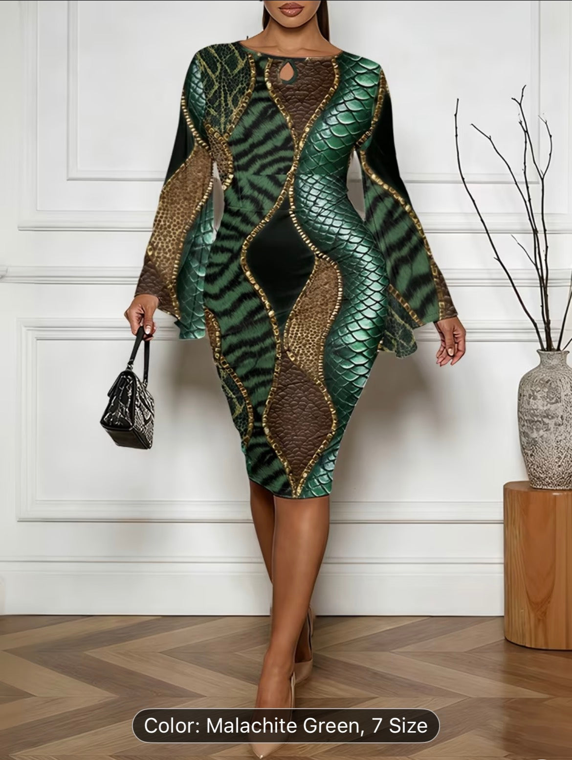 Women’s Fashion Printed Bodycon Dress with Batwing Cape Sleeves