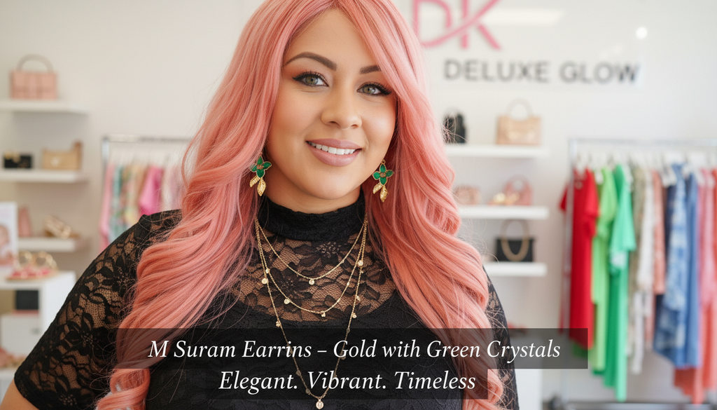 M Suram Earrings – Gold with Green Crystals