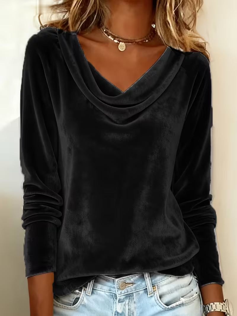 Solid Color Velvet Long Sleeve Tee – Scoop Neck, Soft & Versatile