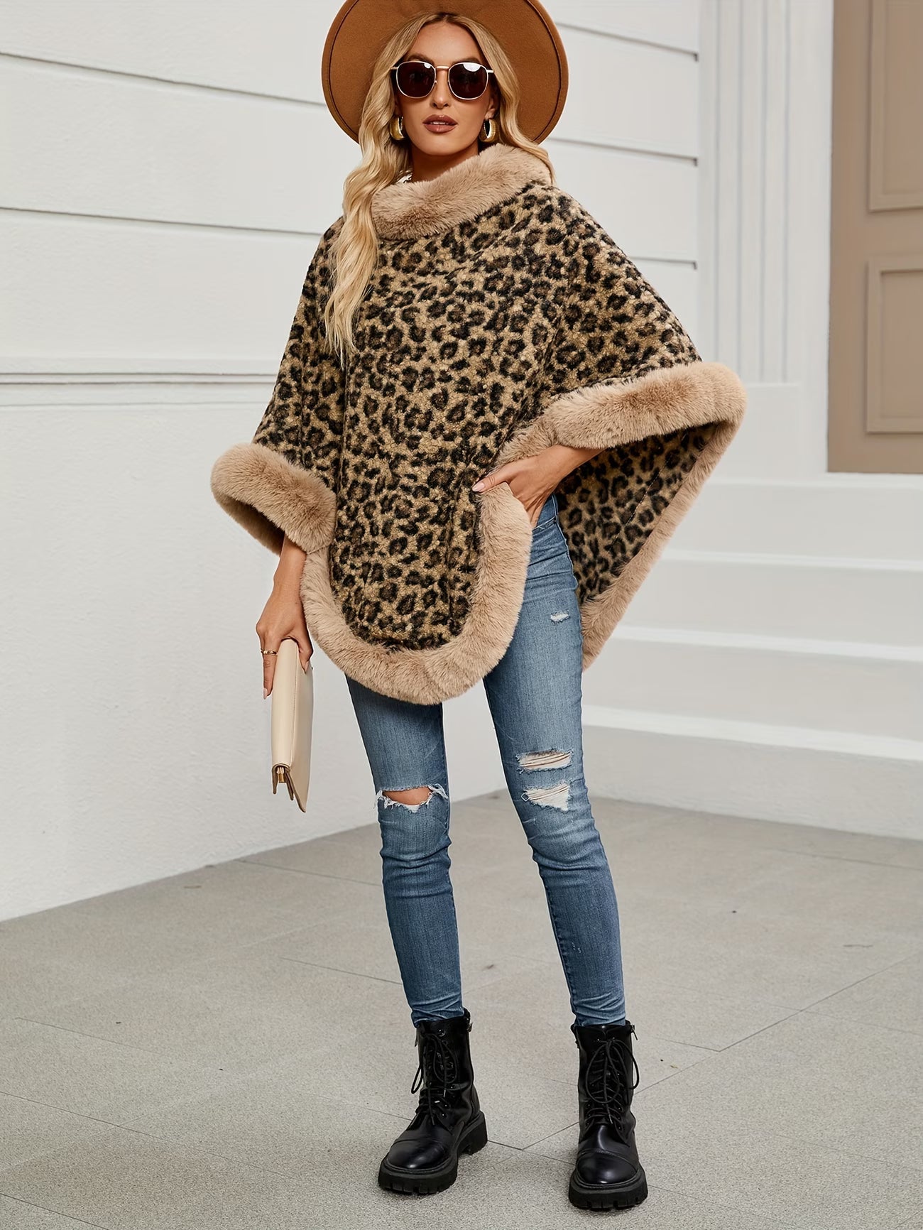 Luxury Faux Fur Leopard Print Shawl Cape Coat – Autumn/Winter