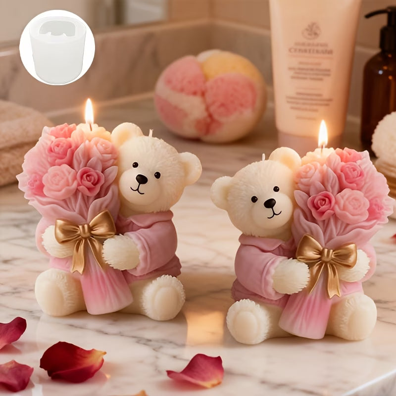 Small Bear Holding Flowers Silicone Candle Mold