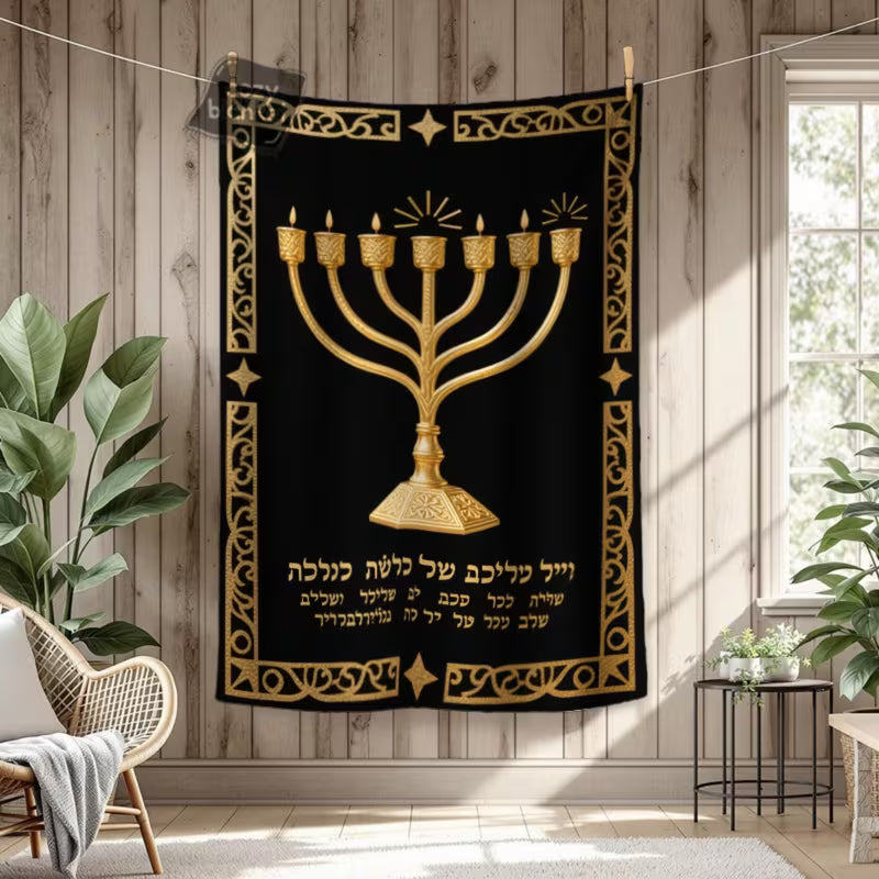 Luxury Black & Gold Hanukkah Menorah Tapestry Blanket – Elegant Jewish Holiday Throw 59” x 80”