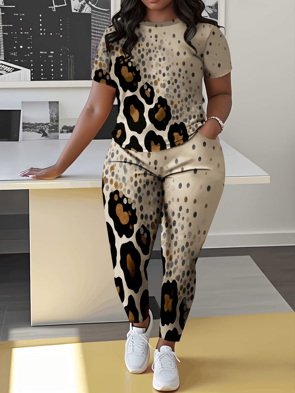 Plus Size Women's Short-Sleeved Leopard Print Trousers Set – 2pcs
