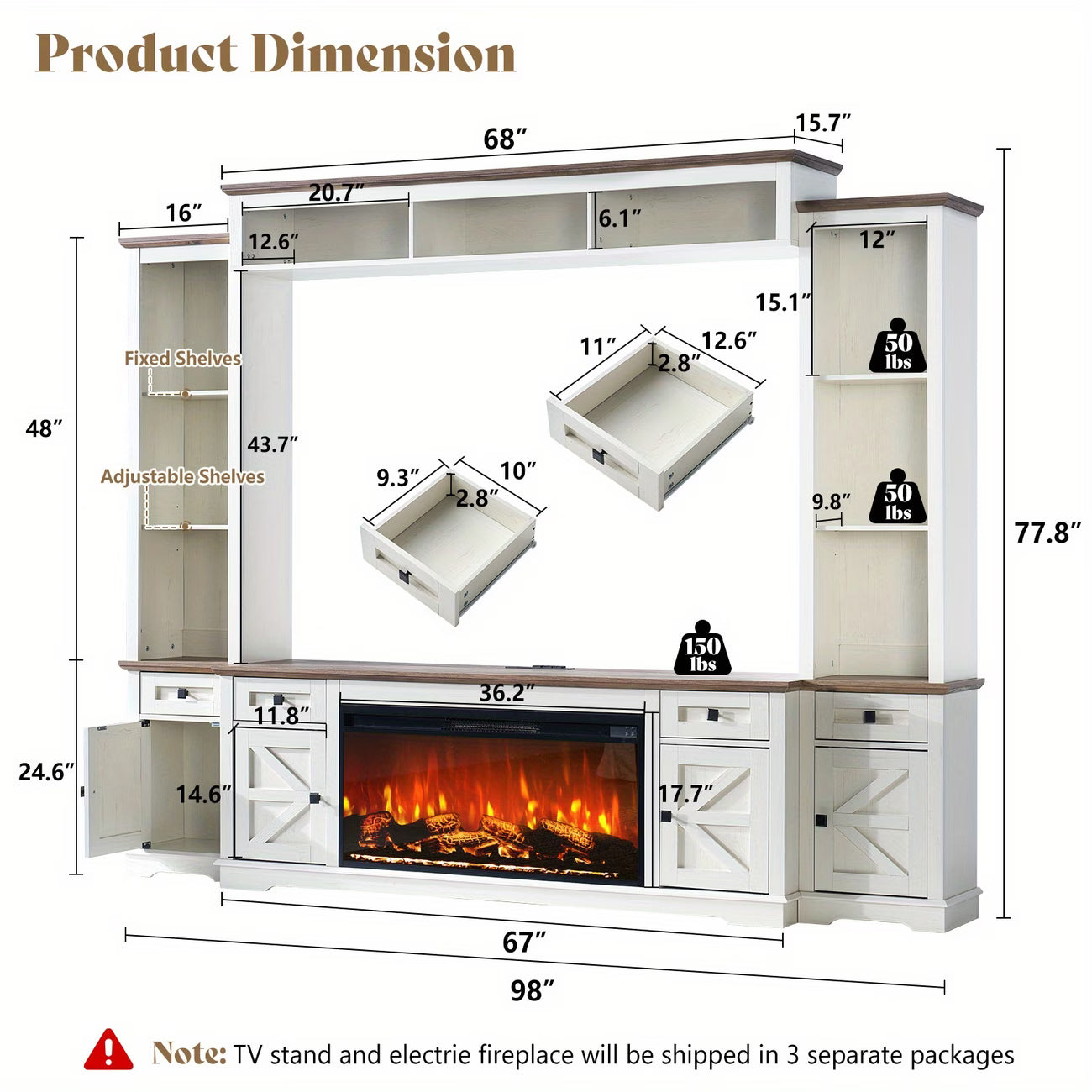 ALBOTT 98" Farmhouse Wall Entertainment Center with 36" Fireplace – Fast 1-Day Delivery 🚚