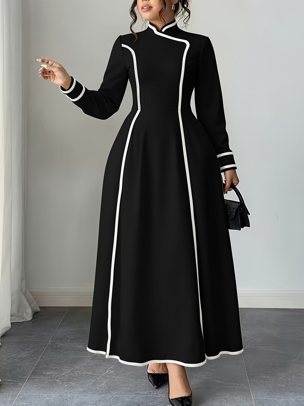 Plus-Size Chinese-Style Stand Collar Long Dress