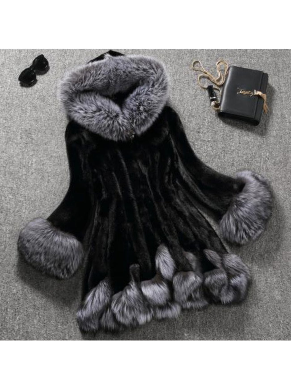 Plus Size Women’s Mid-Length Faux Mink Coat – Hooded Winter Jacket with Fox Trim