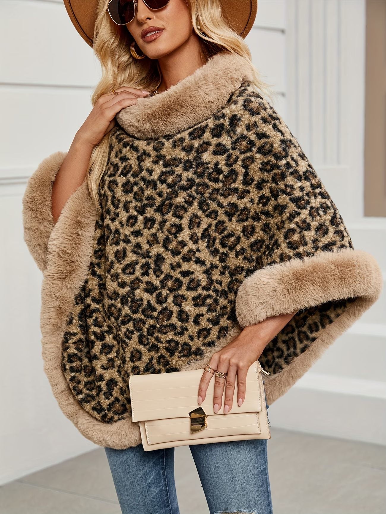 Luxury Faux Fur Leopard Print Shawl Cape Coat – Autumn/Winter