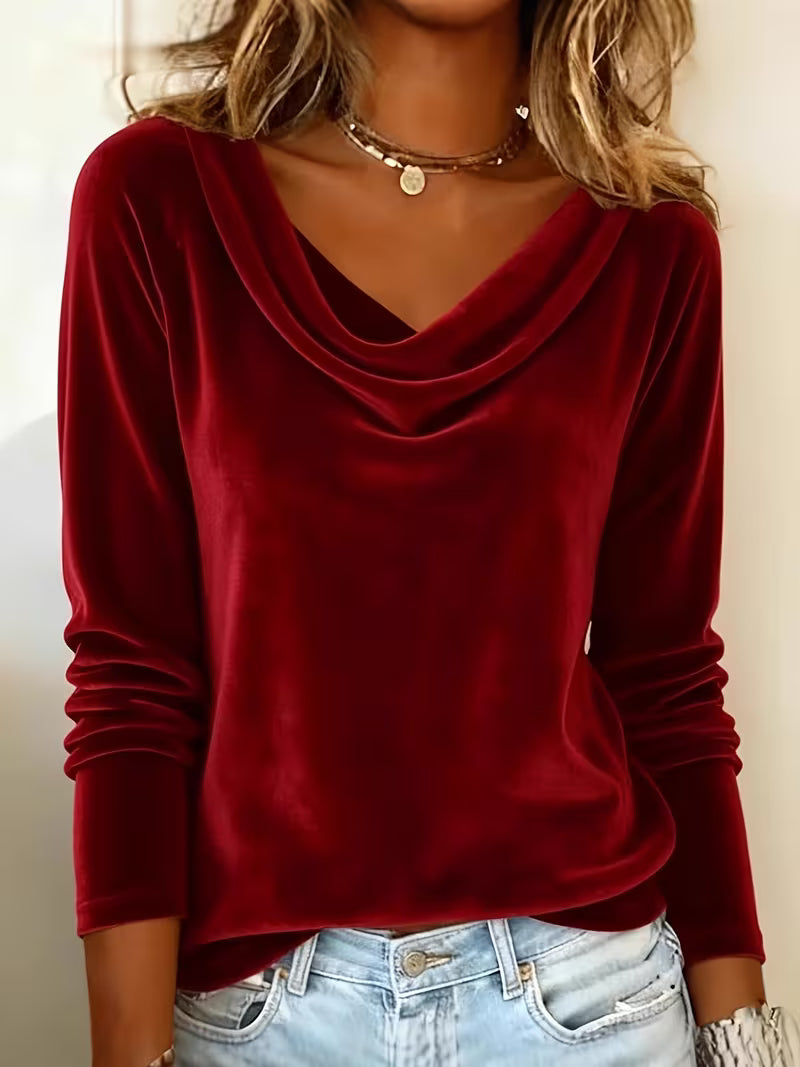 Solid Color Velvet Long Sleeve Tee – Scoop Neck, Soft & Versatile