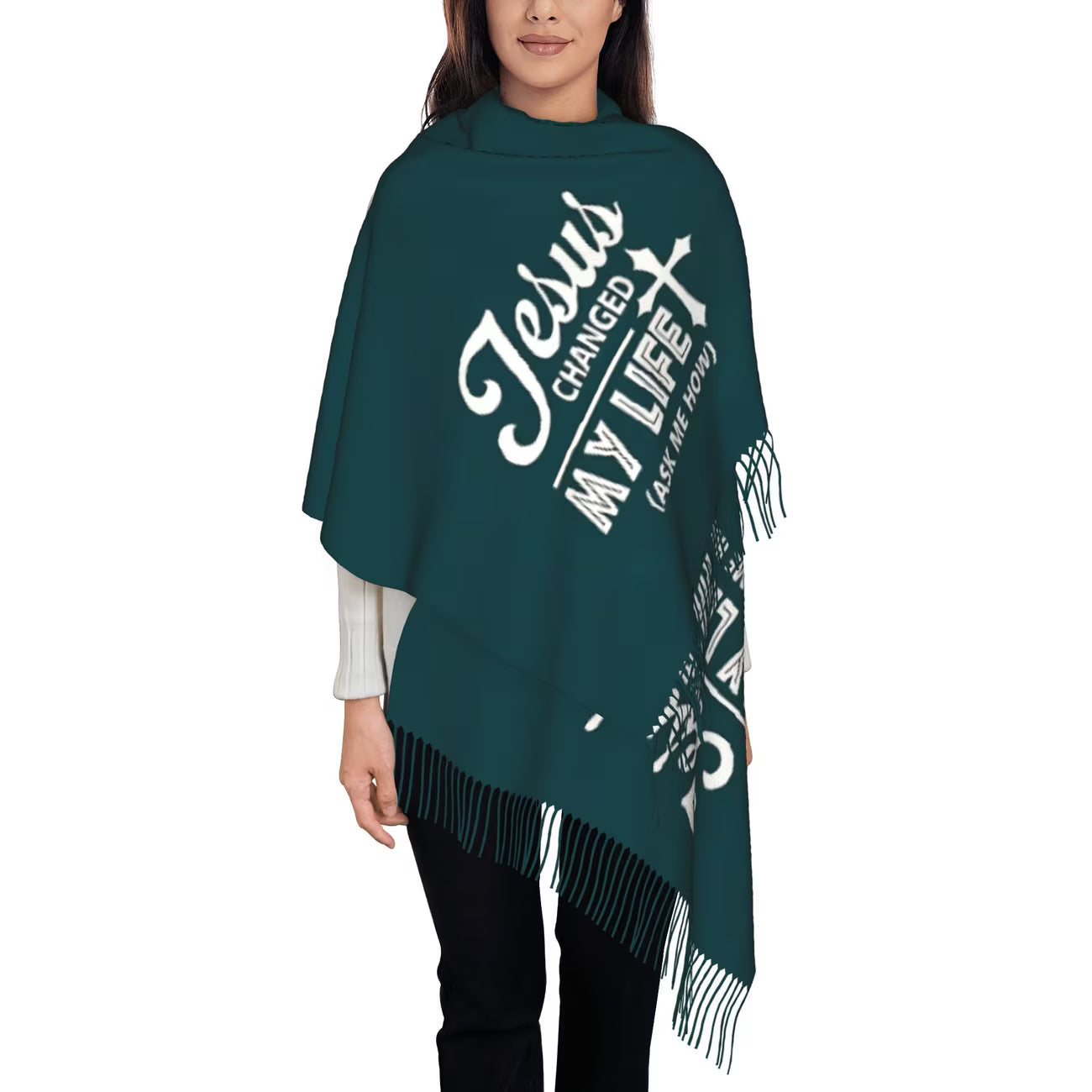 UNISEX Autumn & Winter Tassel Scarf – Vintage Knit with “Changed My Life” Christian Quote