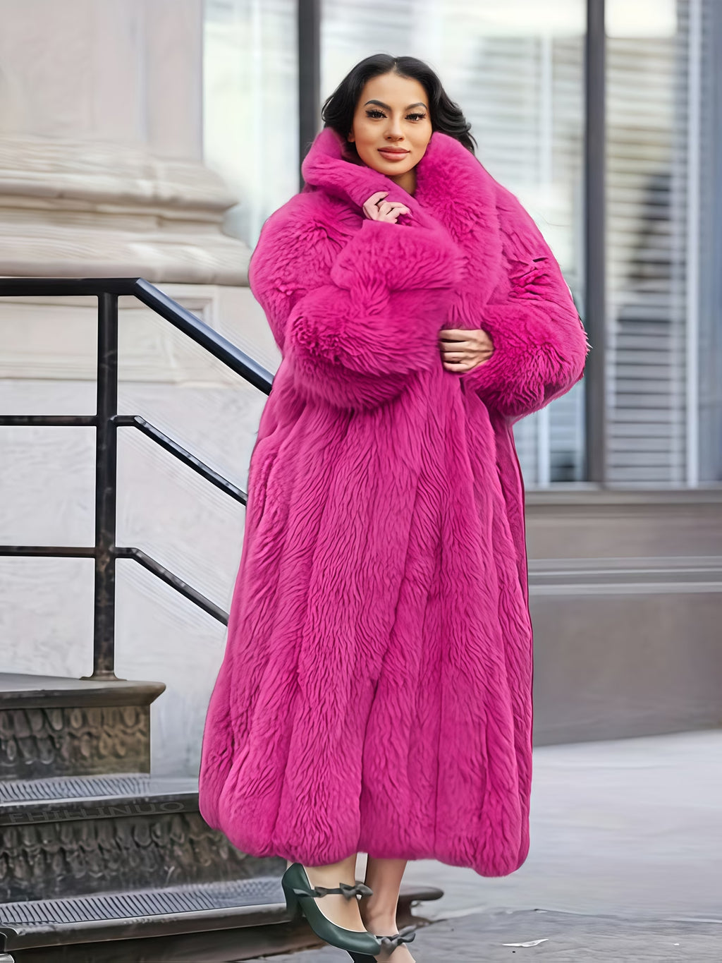Plus Size Long Faux Rabbit Coat – Women’s Stylish Casual Fall/Winter Coat (Solid Color)