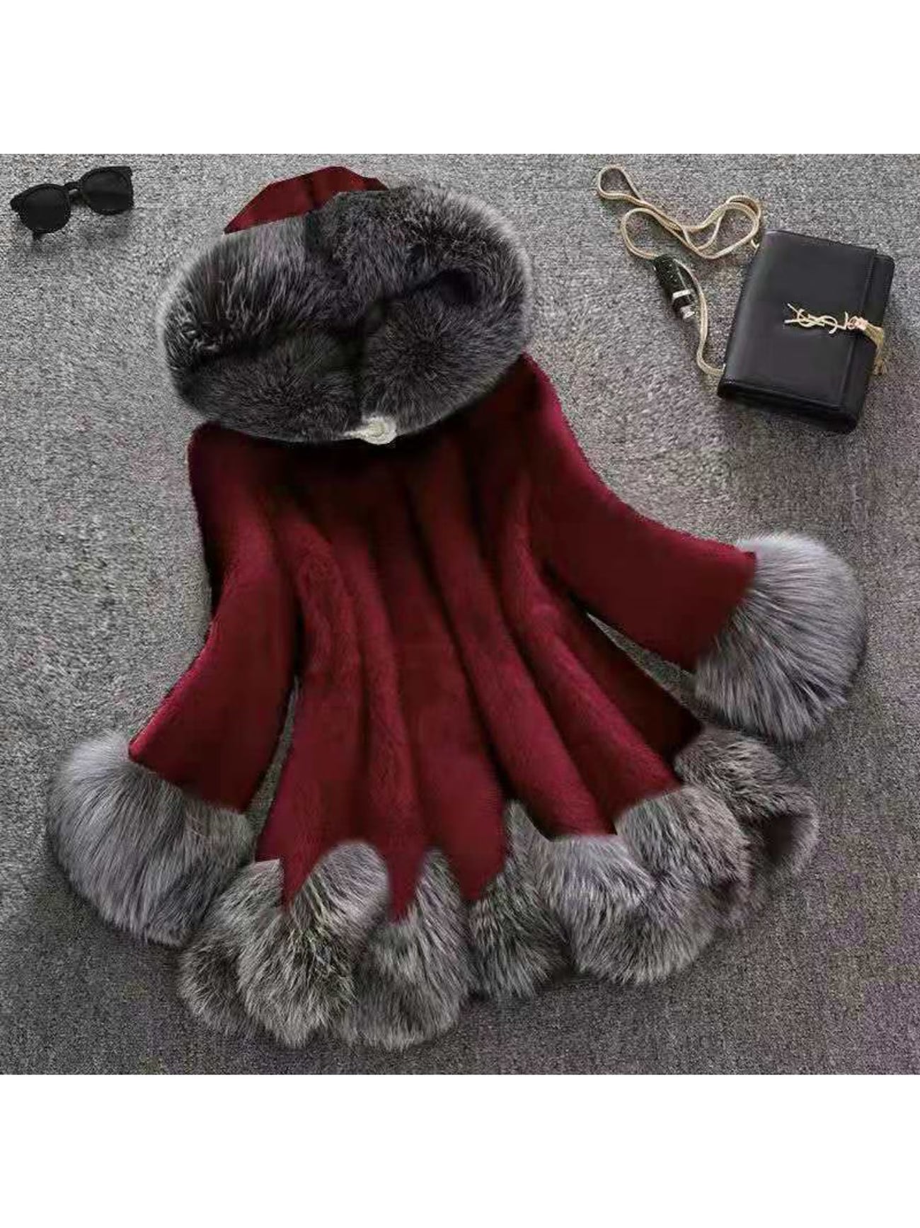 Plus Size Women’s Mid-Length Faux Mink Coat – Hooded Winter Jacket with Fox Trim