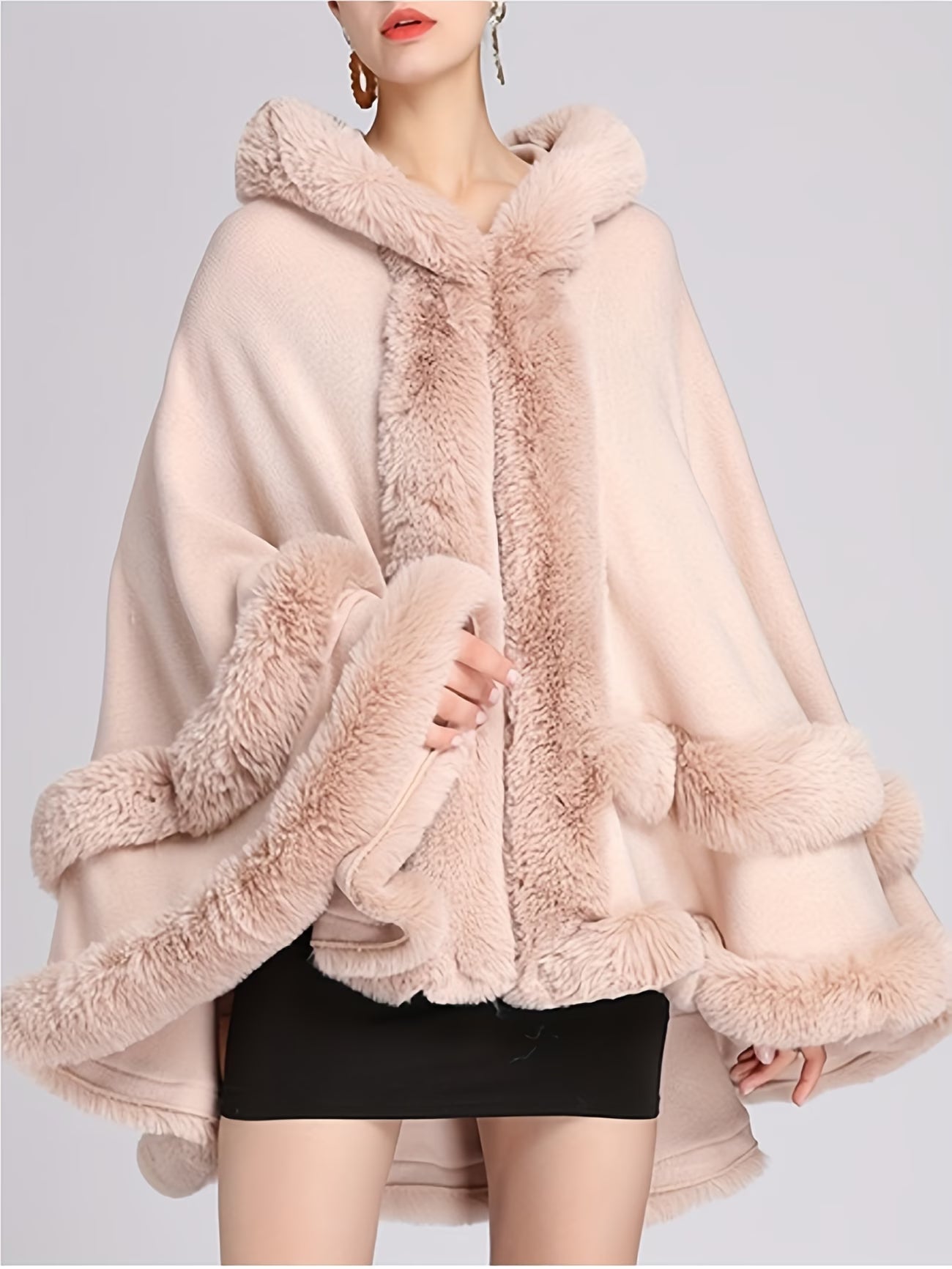 Women’s Winter Cape-Style Faux Fur-Lined Hooded Cardigan – Burgundy Plush Oversized Coat