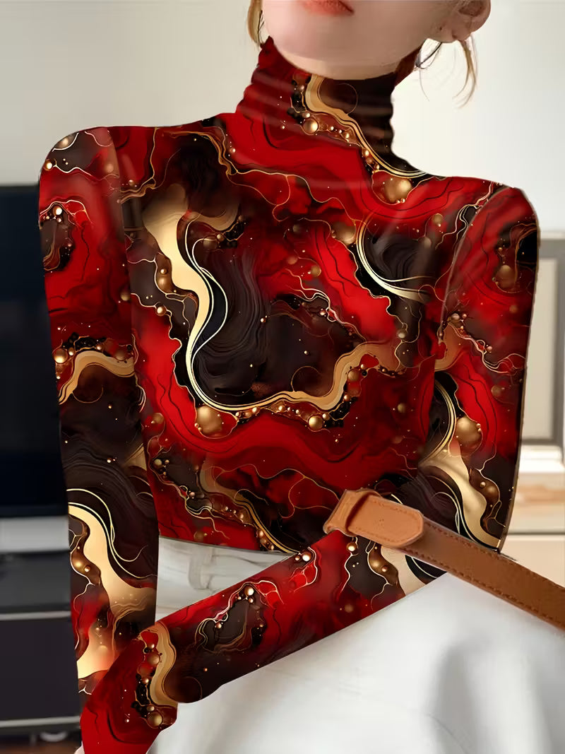 Plus Size High-Neck Printed Long Sleeve T-Shirt – Autumn & Winter