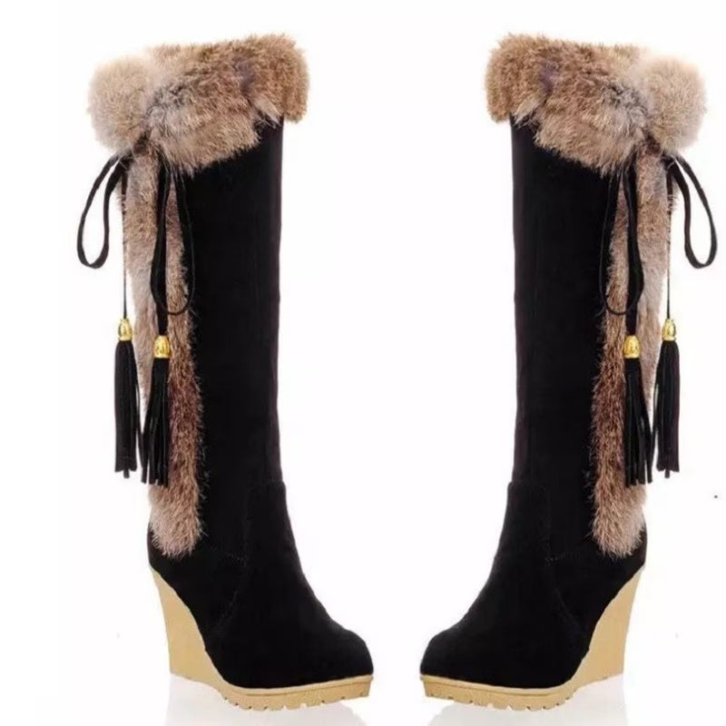 Winter 2026 Snow Boots – High-Top Furry Tassel Wedge Heel Boots (Plus Size Friendly)
