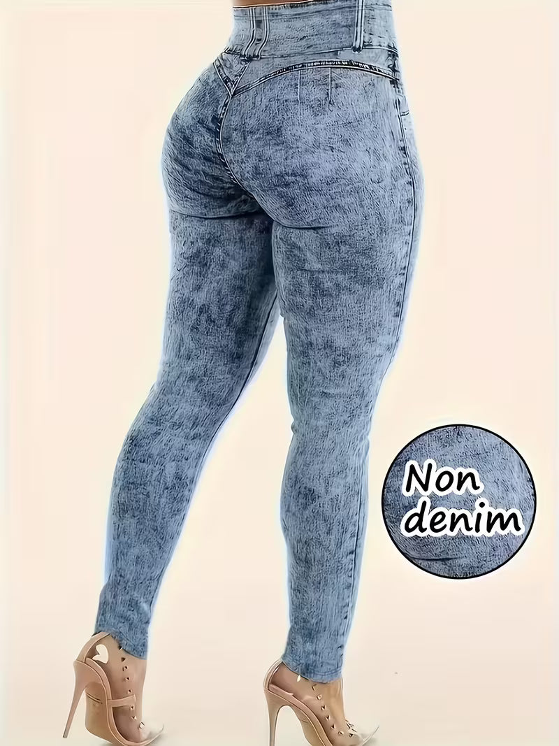 Printed Faux Denim Pants – Plus Size (Non-Denim Fabric)
