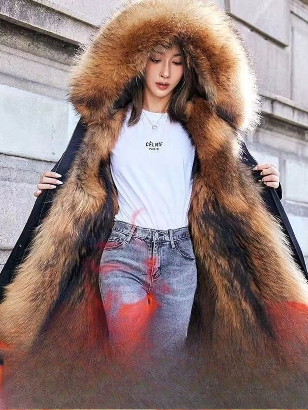 Women’s Winter Parka Jacket – Thickened Padded Coat with Faux Fox & Raccoon Fur