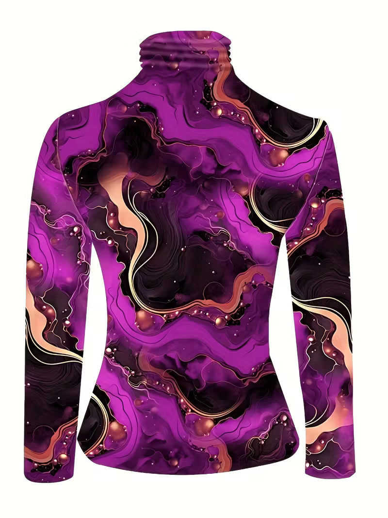 Plus Size High-Neck Printed Long Sleeve T-Shirt – Autumn & Winter