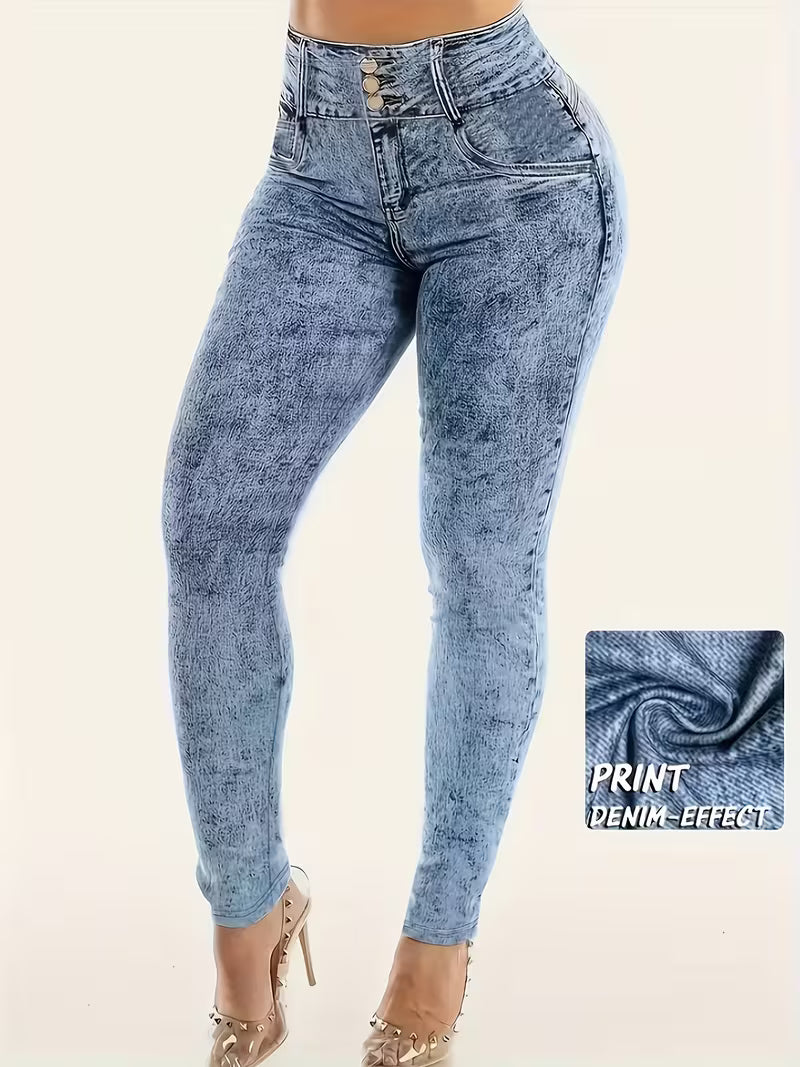 Printed Faux Denim Pants – Plus Size (Non-Denim Fabric)