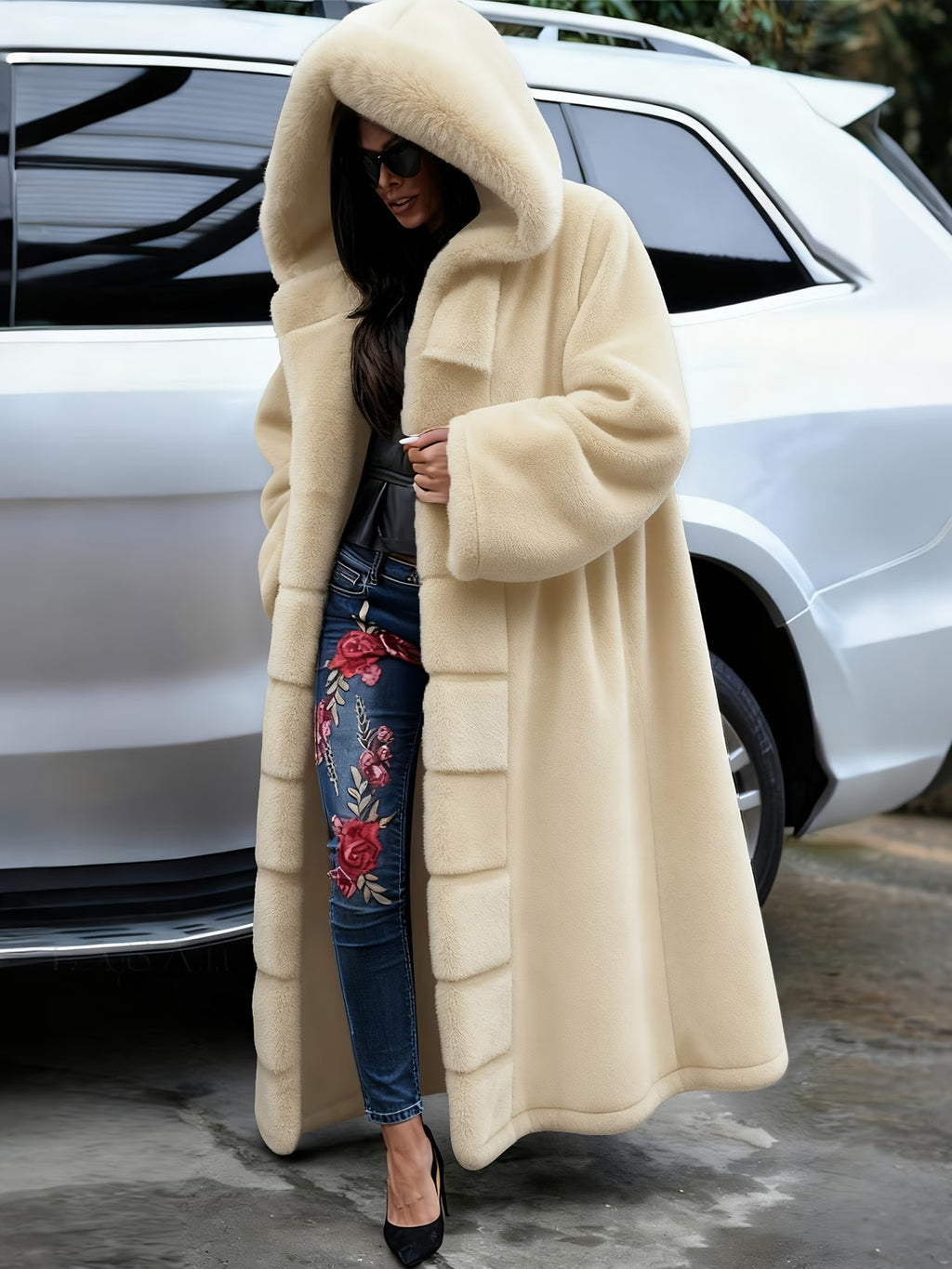 Plus Size Women’s Faux Fur Coat – 2026 Autumn/Winter Long Hooded Casual Coat (Solid Color)