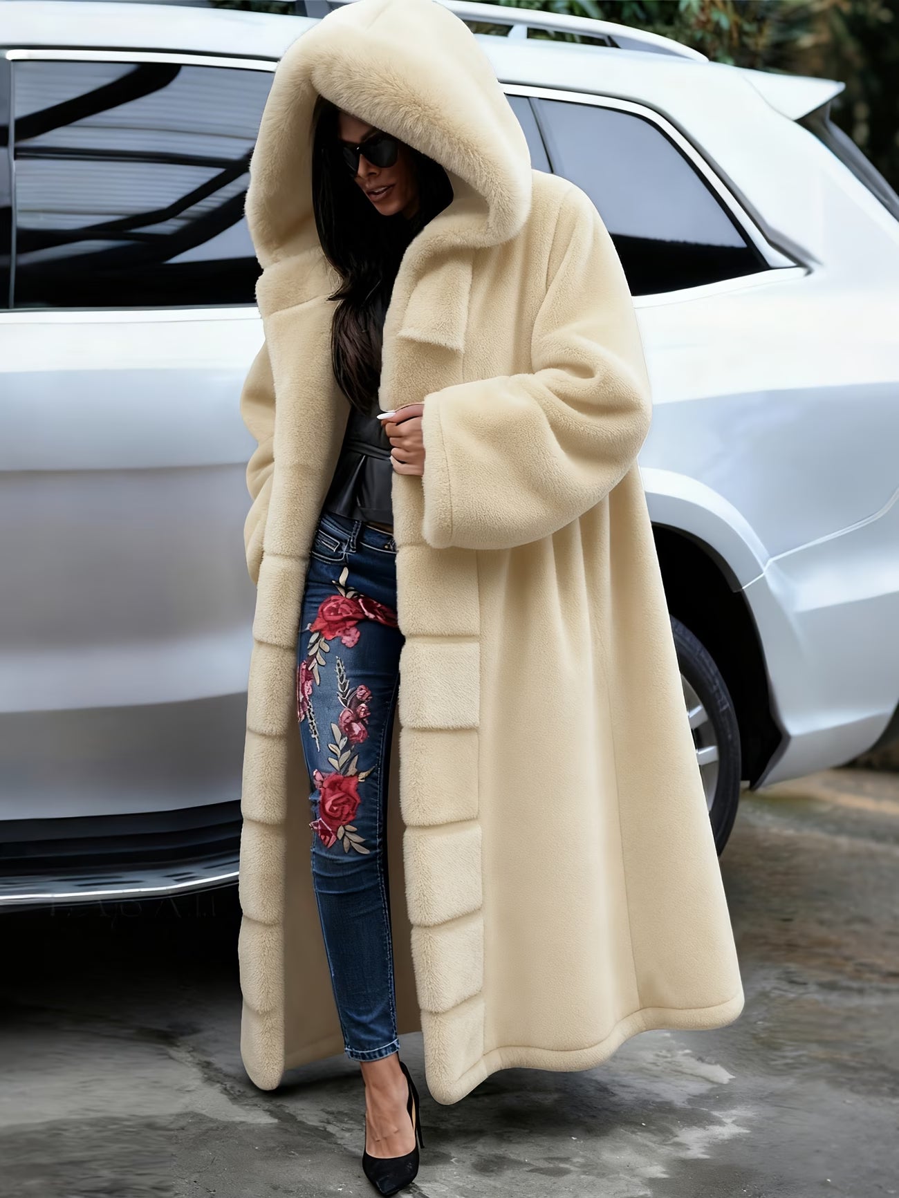 Plus Size Women’s Faux Fur Coat – 2026 Autumn/Winter Long Hooded Casual Coat (Solid Color)