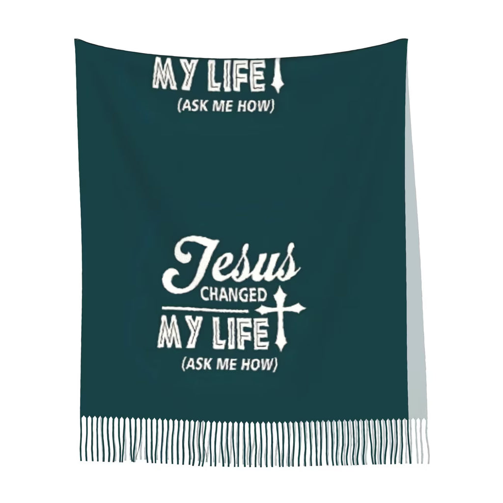 UNISEX Autumn & Winter Tassel Scarf – Vintage Knit with “Changed My Life” Christian Quote
