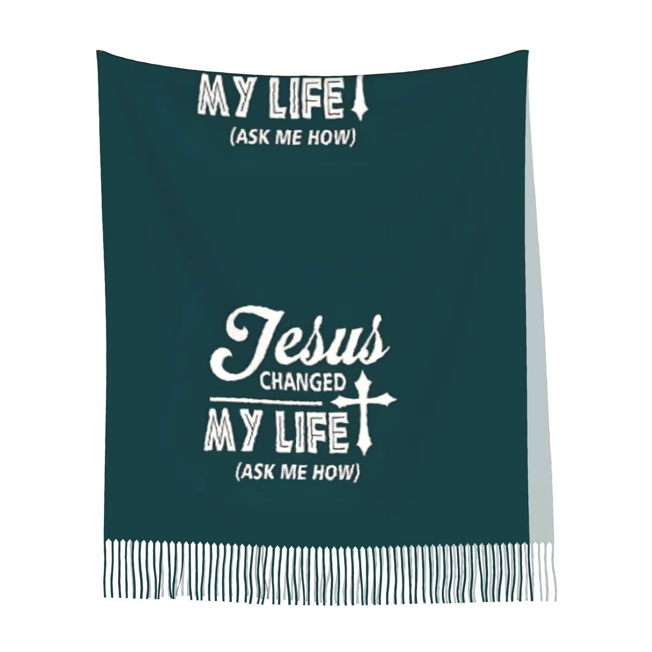 UNISEX Autumn & Winter Tassel Scarf – Vintage Knit with “Changed My Life” Christian Quote