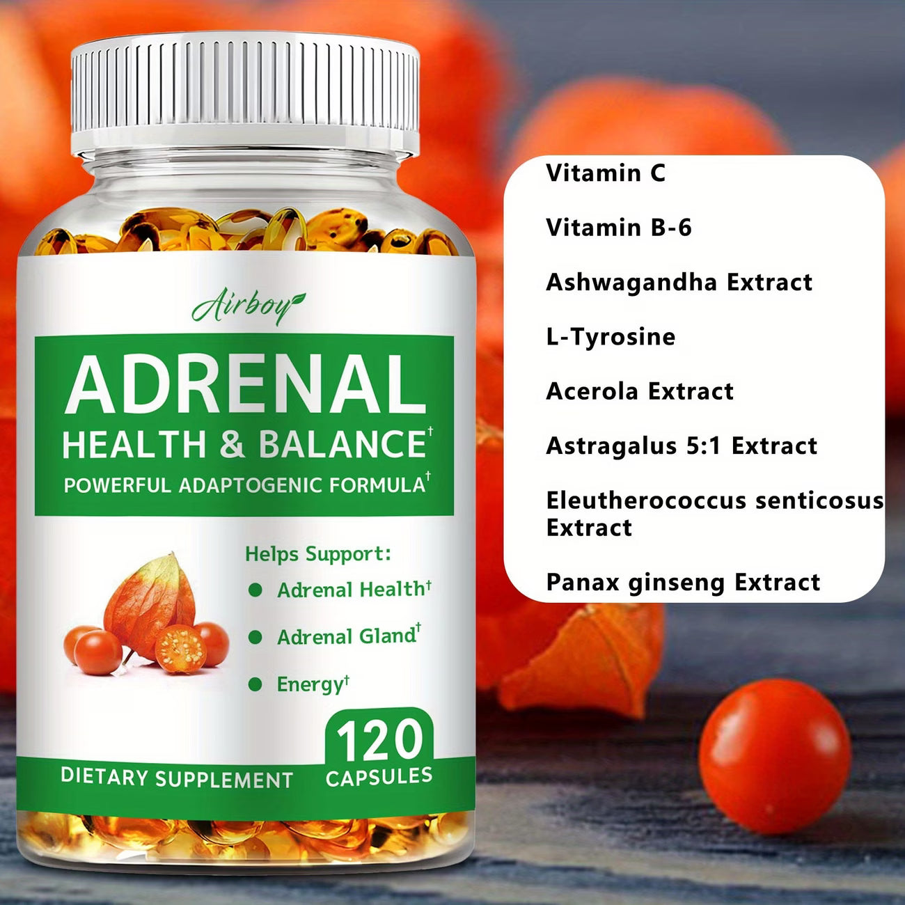 Adrenal Support Supplement with Vitamin C & Ashwagandha (120 Capsules)