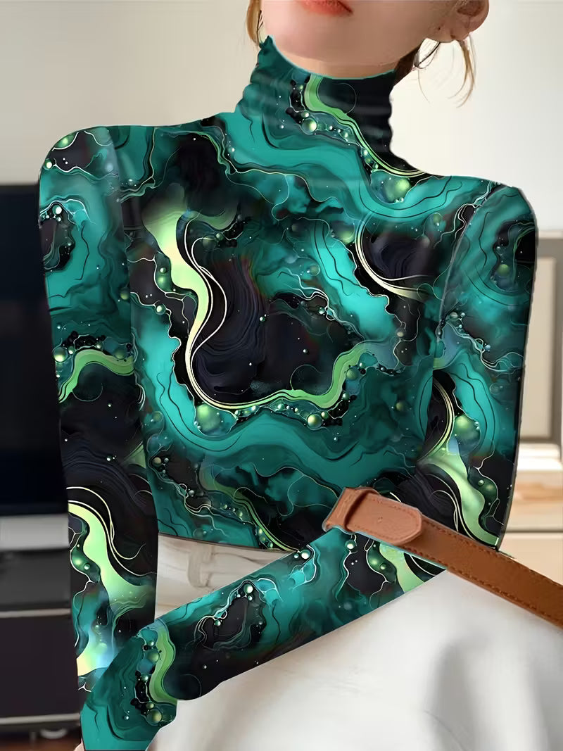 Plus Size High-Neck Printed Long Sleeve T-Shirt – Autumn & Winter