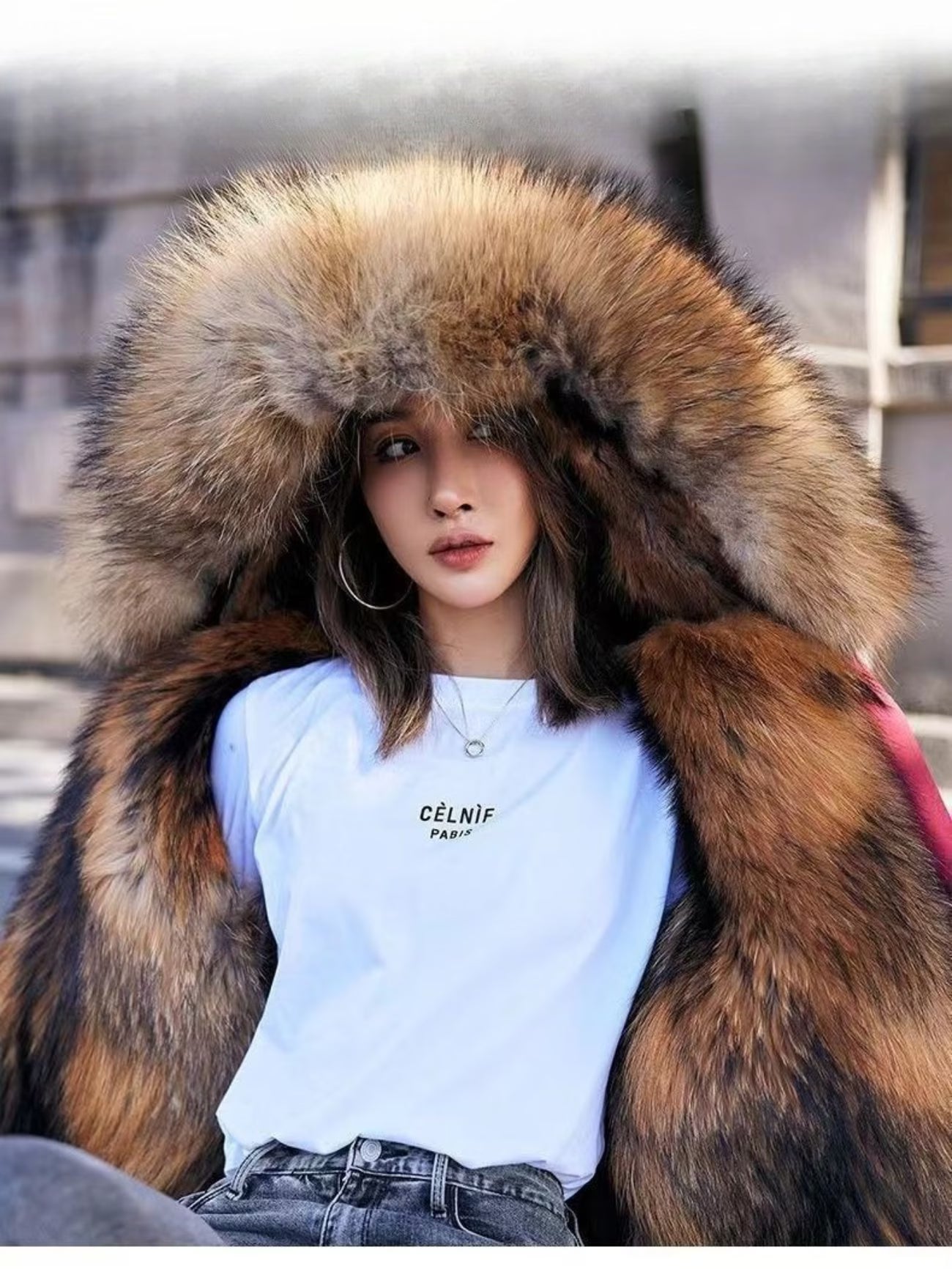 Women’s Winter Parka Jacket – Thickened Padded Coat with Faux Fox & Raccoon Fur
