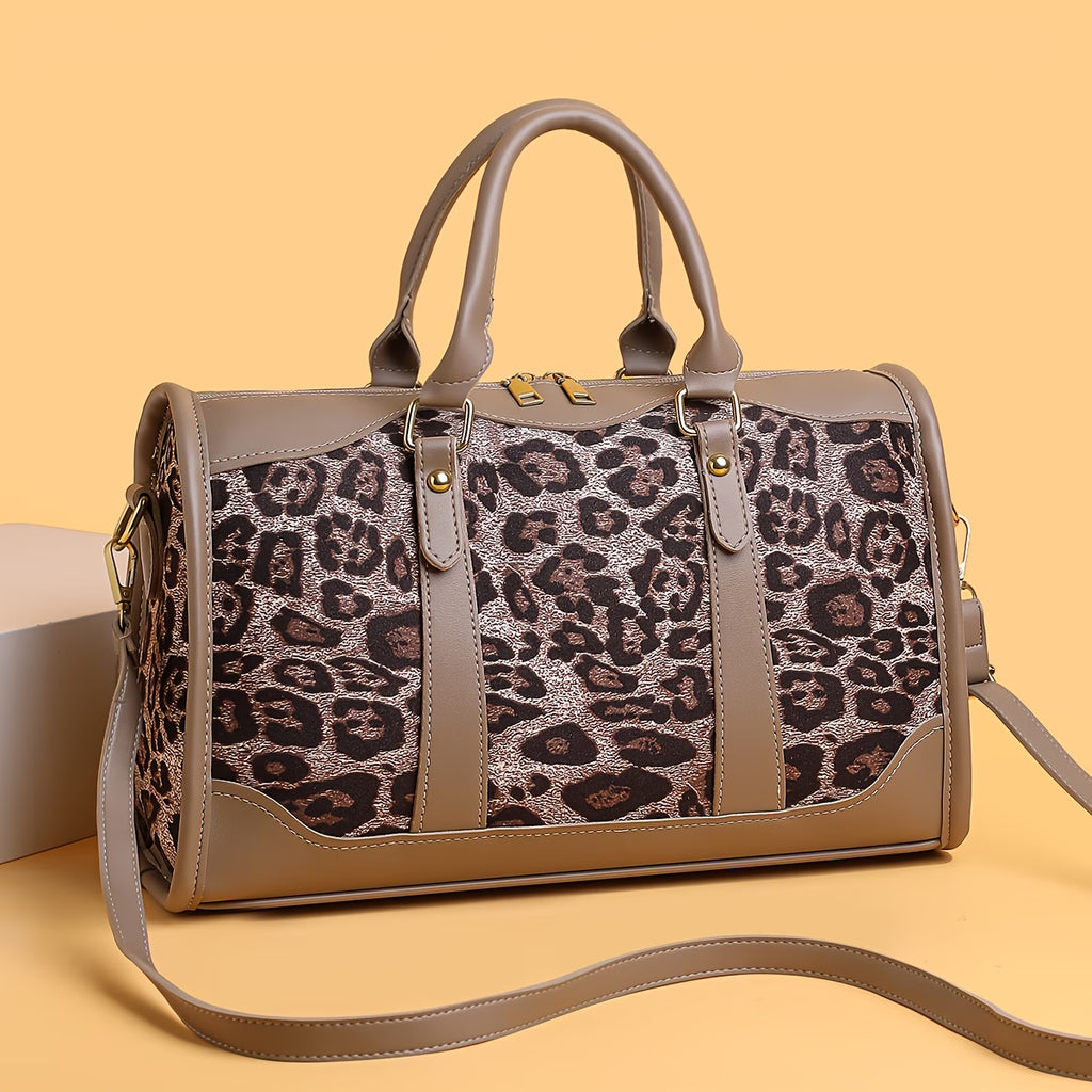 Women’s Leopard Print Handbag – Large Capacity Nylon Shoulder Bag with Zipper & Multiple Compartments