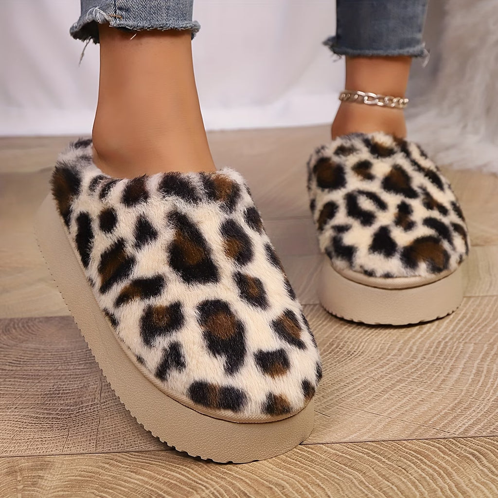 Women’s Cozy Leopard Print Faux Fur House Slippers | Warm Indoor Winter Shoes