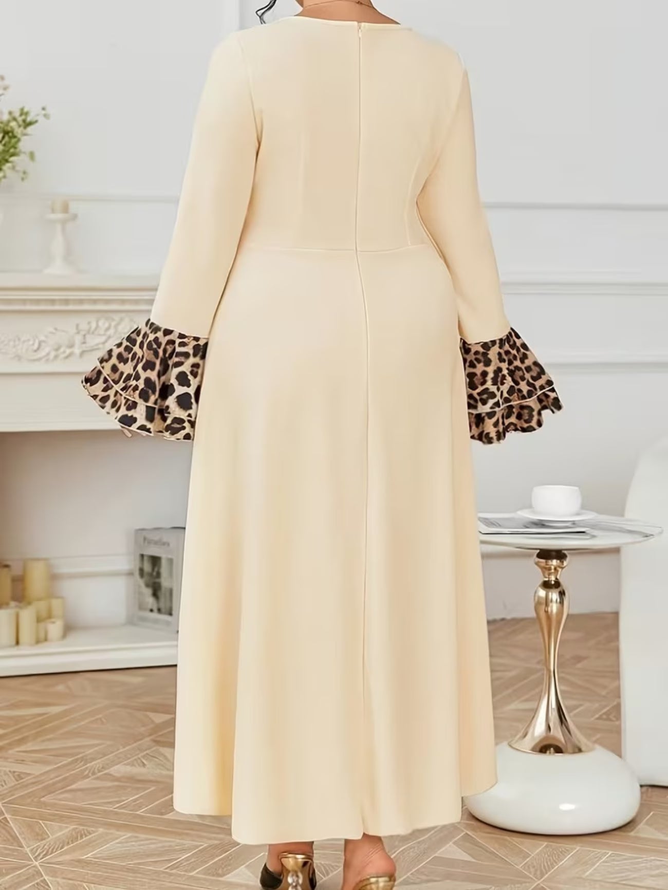 Plus Size Leopard Print Patchwork Flared Dress – Square Neck, Long Sleeve