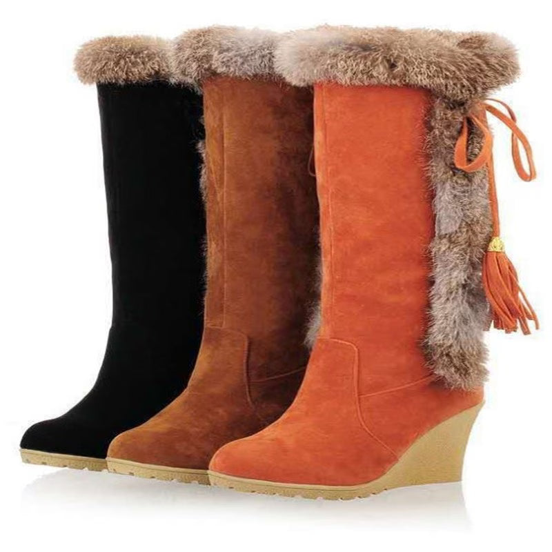 Winter 2026 Snow Boots – High-Top Furry Tassel Wedge Heel Boots (Plus Size Friendly)