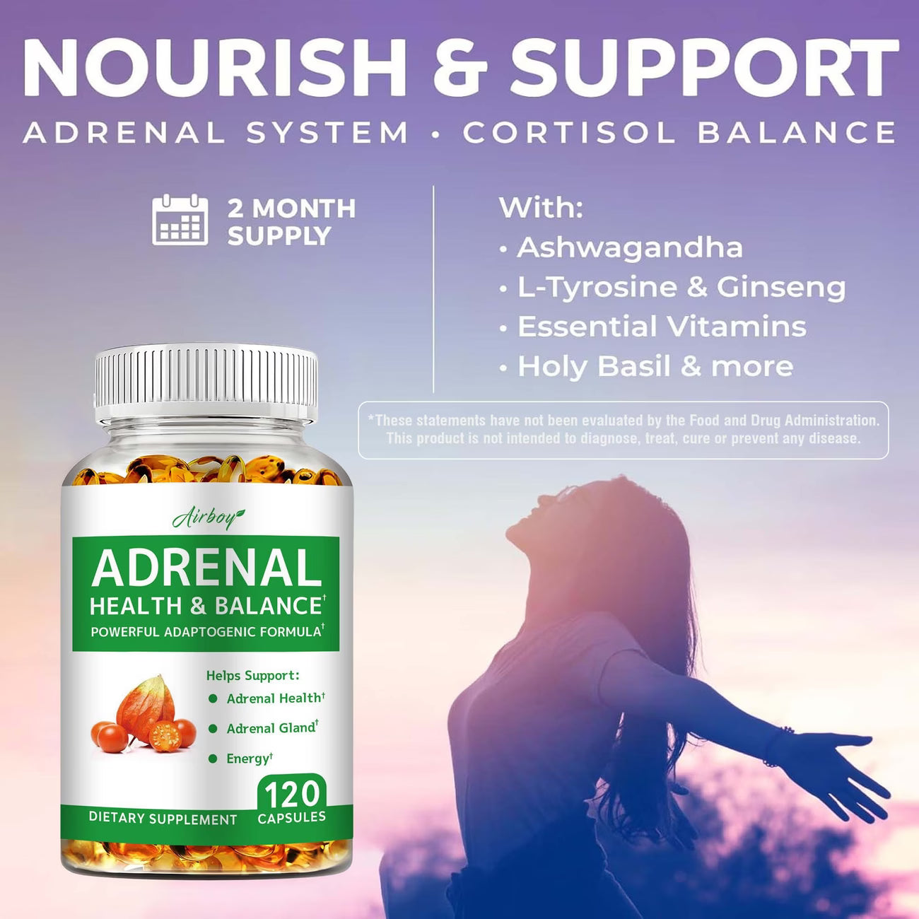 Adrenal Support Supplement with Vitamin C & Ashwagandha (120 Capsules)