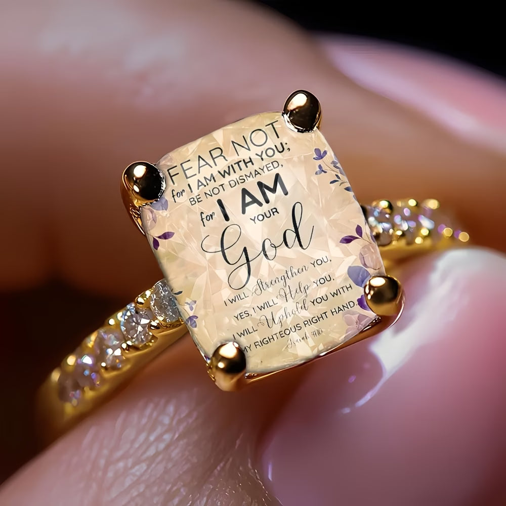 ✨ Women’s Golden Bible Text Floral Square Ring ✨